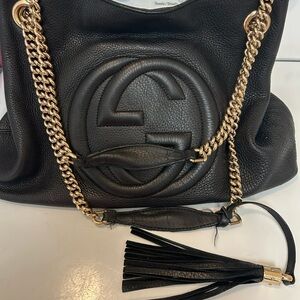 Gucci Black Leather Shoulder Bag with Gold Chain